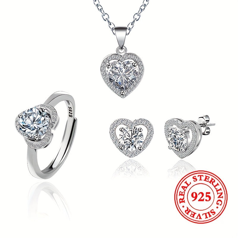 Conjunto de joyería de plata de ley con corazón, collar, pendientes y anillo de zirconia sintética para el Día de San Valentín o boda