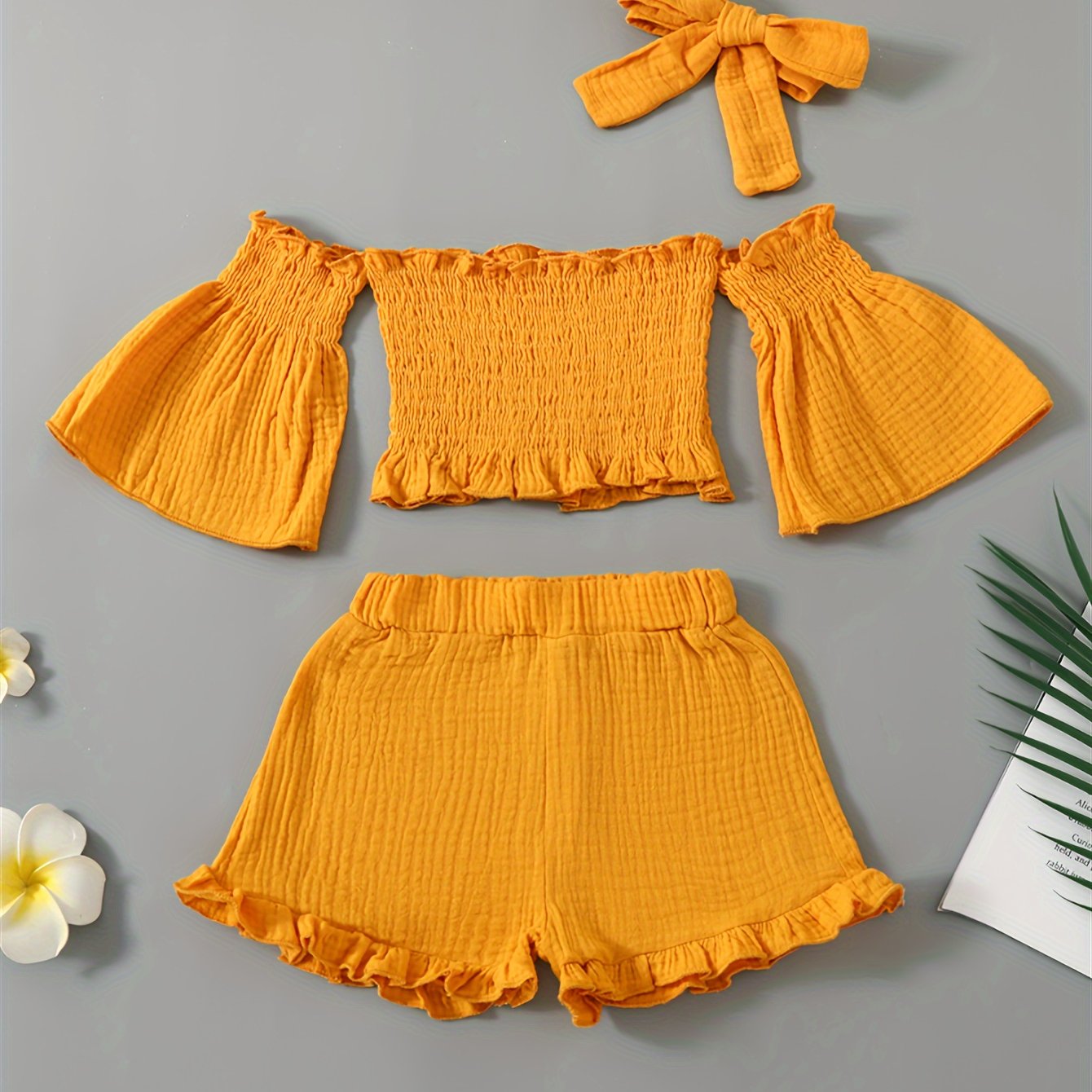 Girls Summer Outfit Set Off-Shoulder Top Denim Shorts Headband Cotton Casual Age 12 and Under