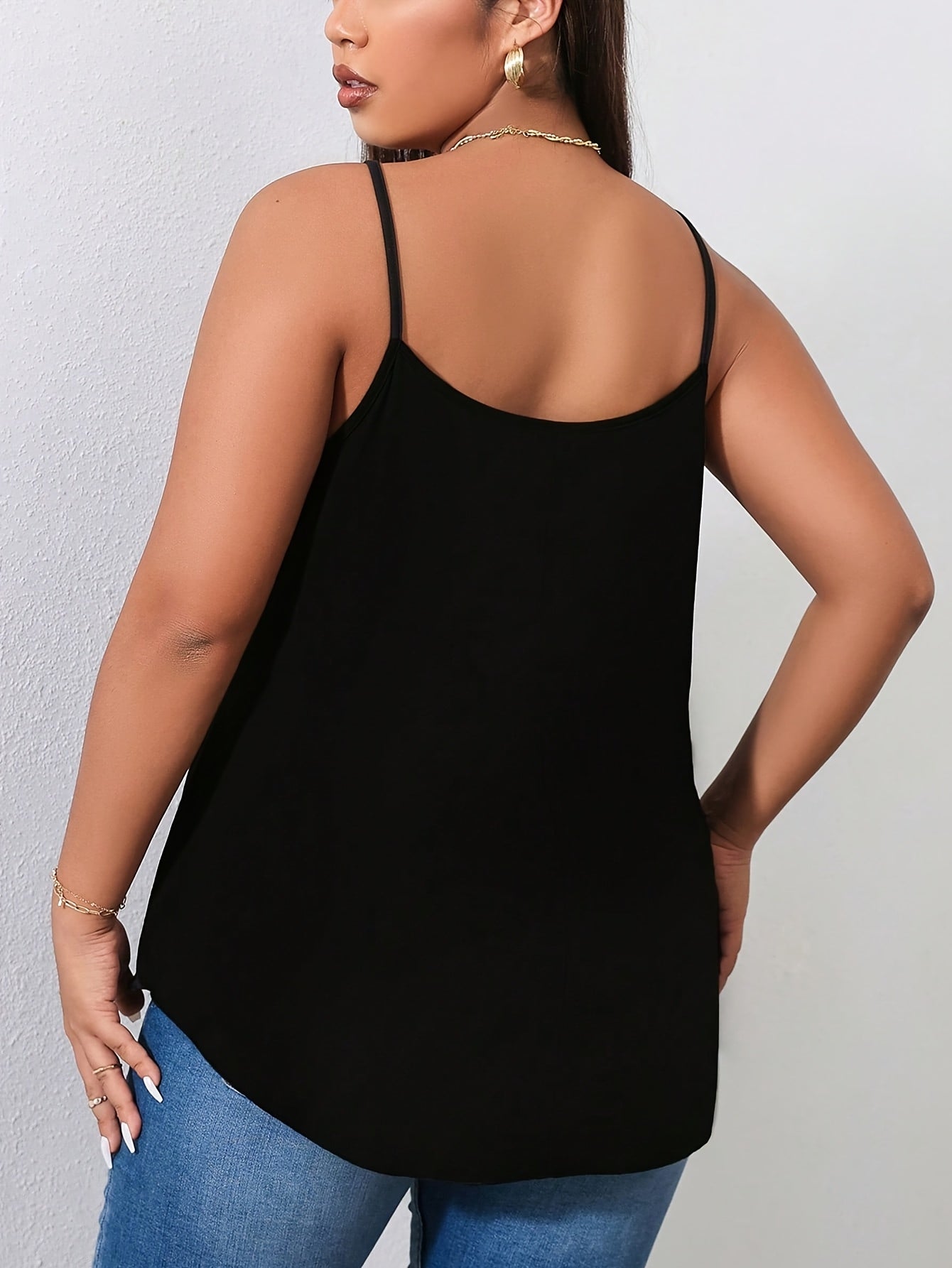 Plus Size Women's Lace Panel Sleeveless Top Solid Color Black Plus Size