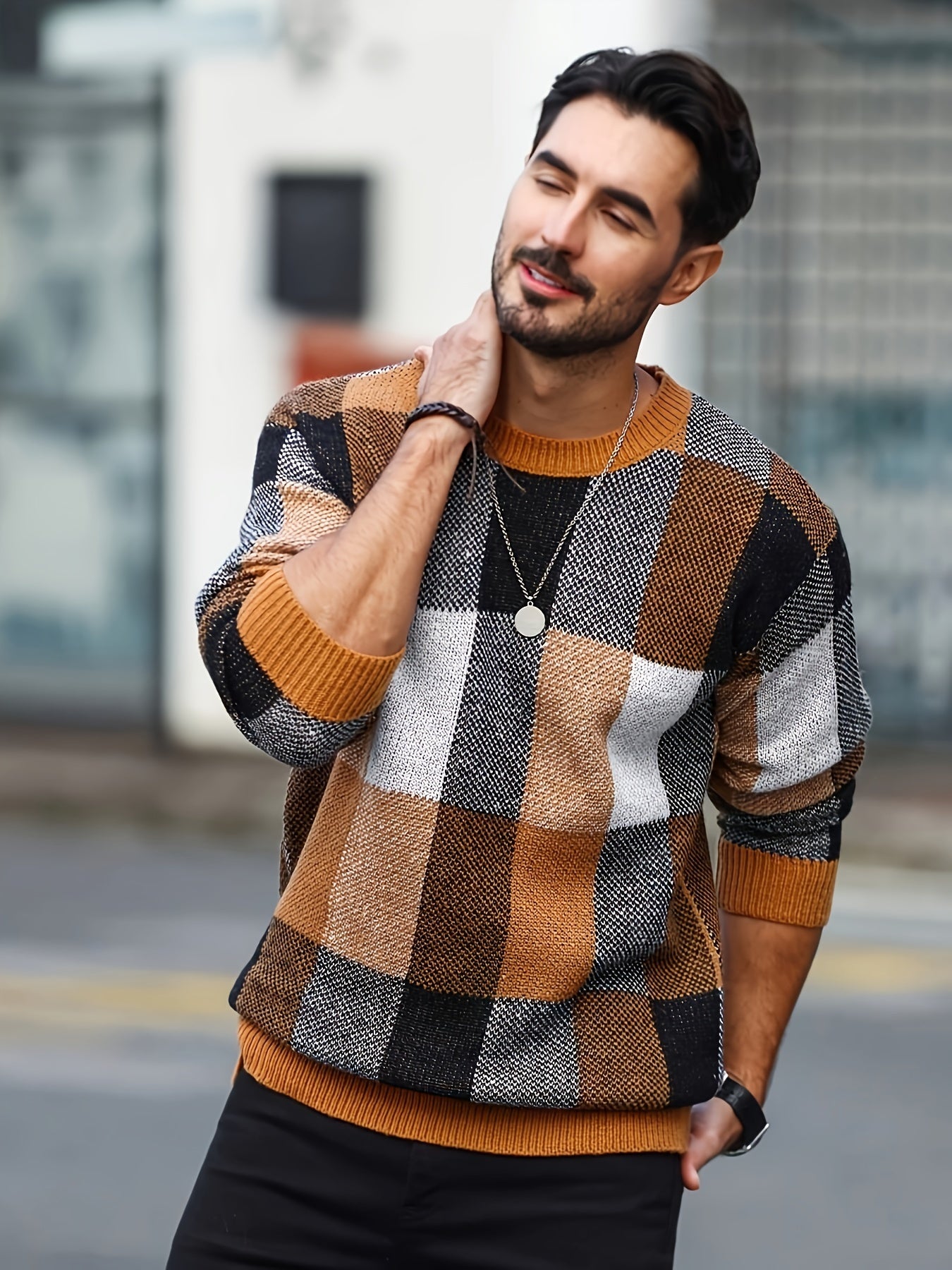 Men's Plaid Viscose Knit Sweater Crew Neck Fall Winter Regular Fit Plus Size