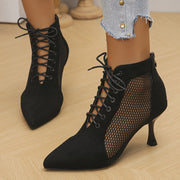 Women's Black Mesh Ankle Boots Pointed Toe Lace-Up Stiletto Heels