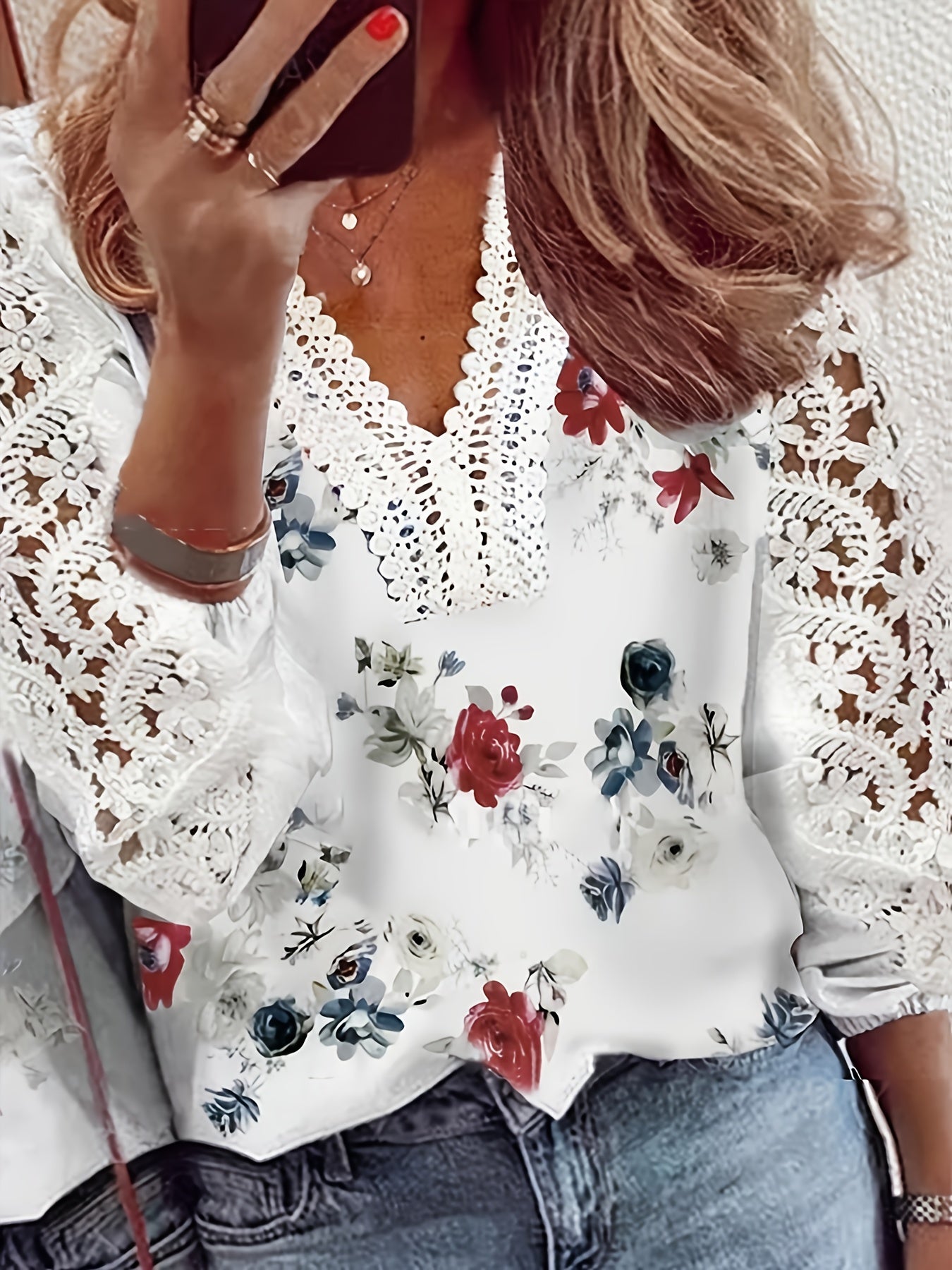 Women's Floral Lace Blouse V-Neck Ruffle Spring Summer Fall