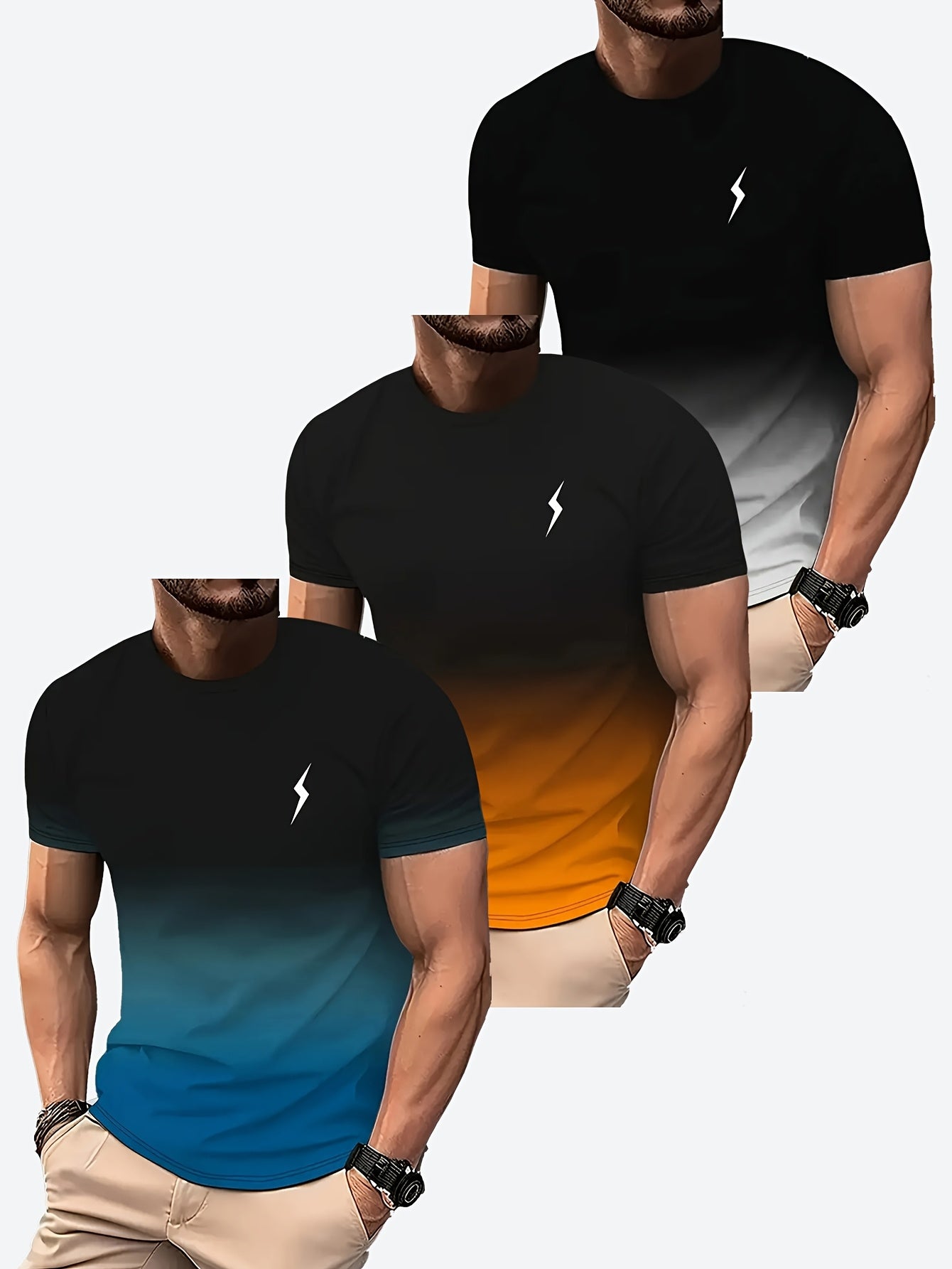 Men's 3-Pack Gradient 3D Printed Quick-Dry Polyester T-Shirts for Sports and Fitness