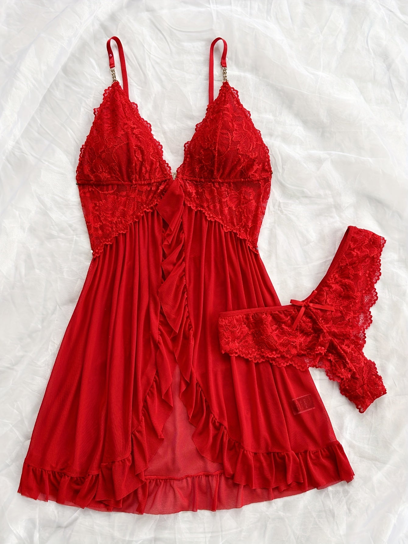 Women's Lace Slip Dress Pajama Set with V-Neck Backless Ruffle Hem and Shorts All-Season Breathable Polyester Blend