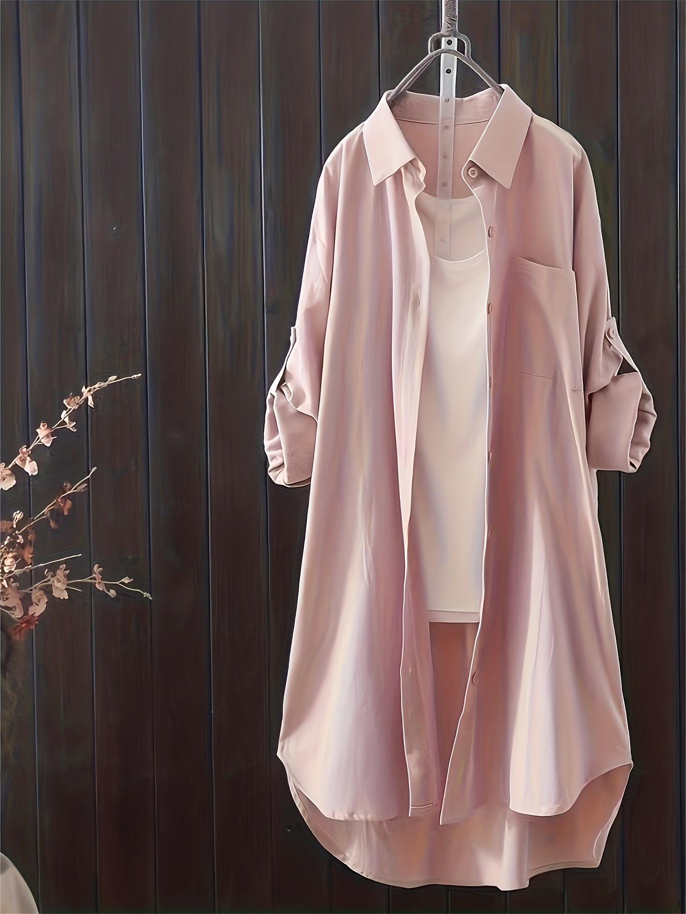 Women's Oversized Midi Shirt in Solid Color with Lapel Collar and Button Detail, Spring Summer Woven Polyester Spandex