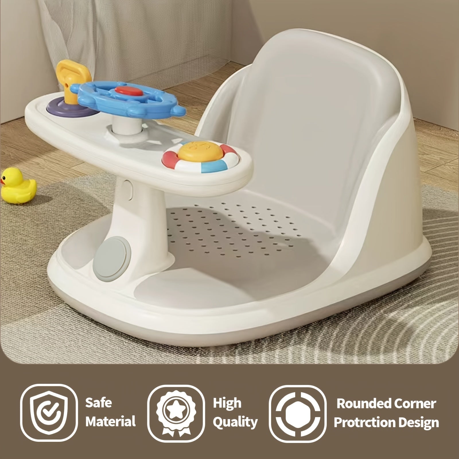 Yoshlar uchun kulrang hammom o'rindig'i, 3 ta qiziqarli o'yinchoq bilan - sirpanmaydigan, xavfsiz va o'yin vaqti uchun qulay