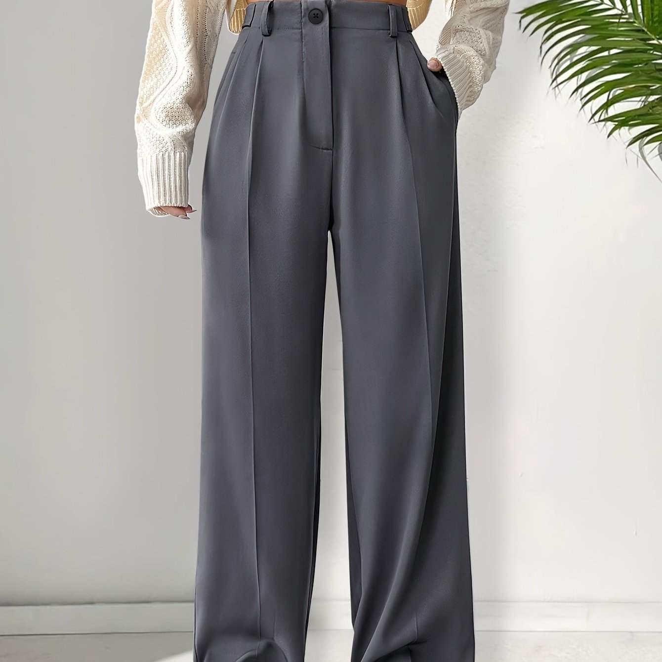 Women's Solid Color Work Pants with Dual Pockets Long Casual Trousers