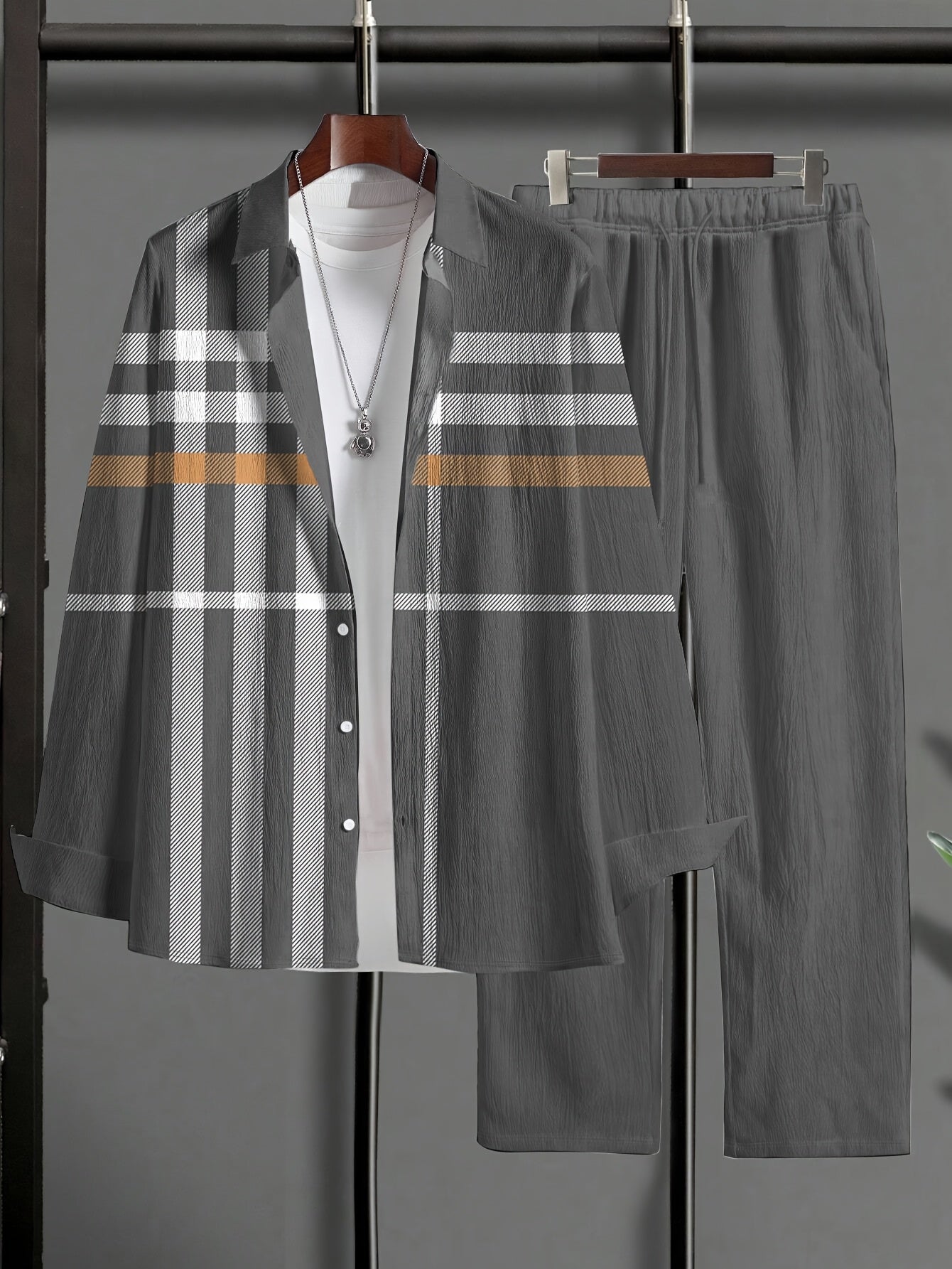 Мужской комплект из трикотажной рубашки большого размера в полоску из полиэстера, повседневный, с карманом