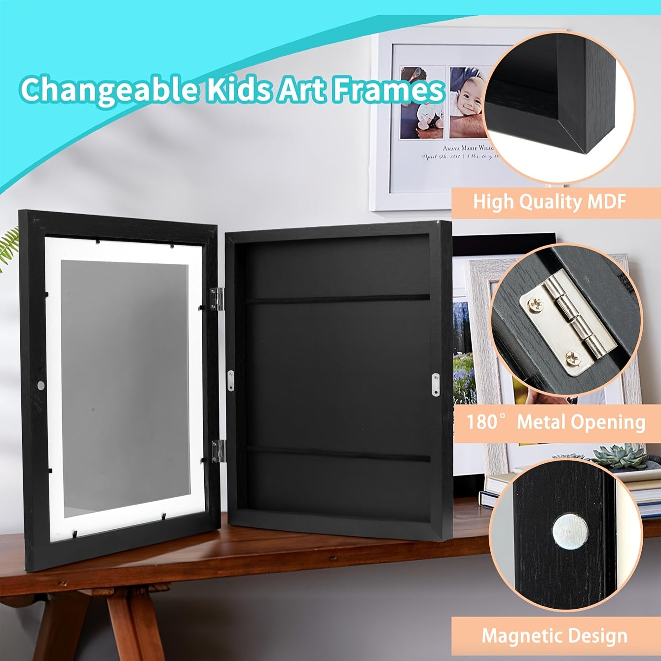 2 ta A4 yog'och devor ramkalar to'plami, oldinga ochiladigan rasmlar uchun, zamonaviy shaffof magnitli burilish dizayni