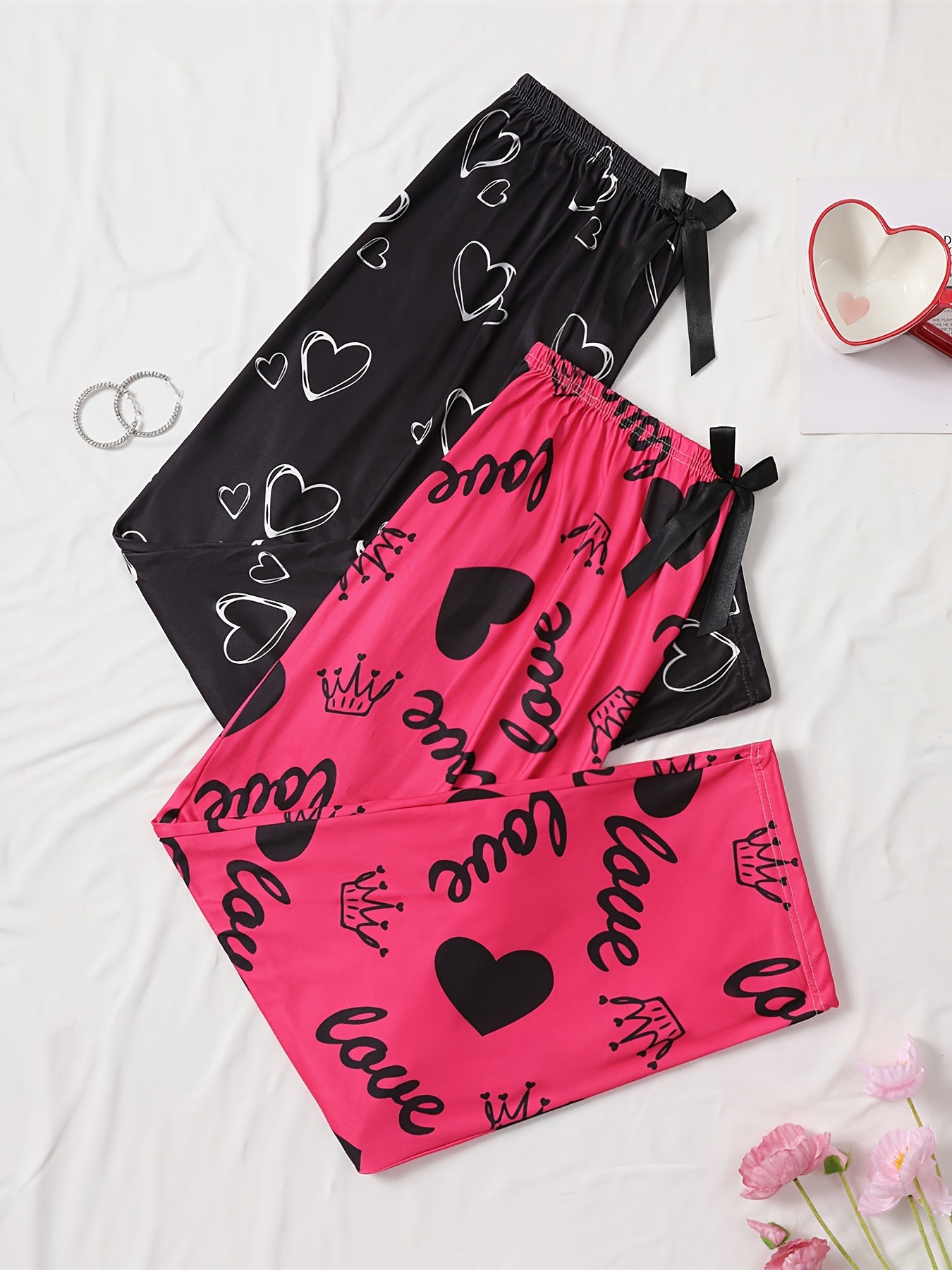 Plus Size Sleep Pants Women All-Season Heart Pattern Knit Fabric with Bow Detail