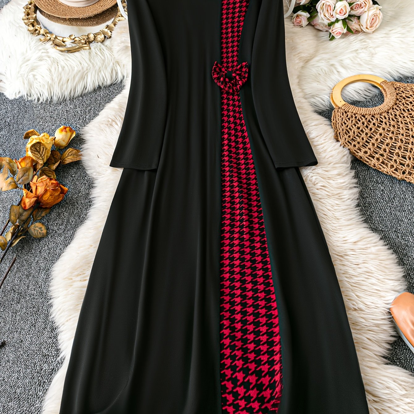 Women's Houndstooth Long Dress Black Red Asymmetrical Hem Round Neck Polyester Blend Spring Summer