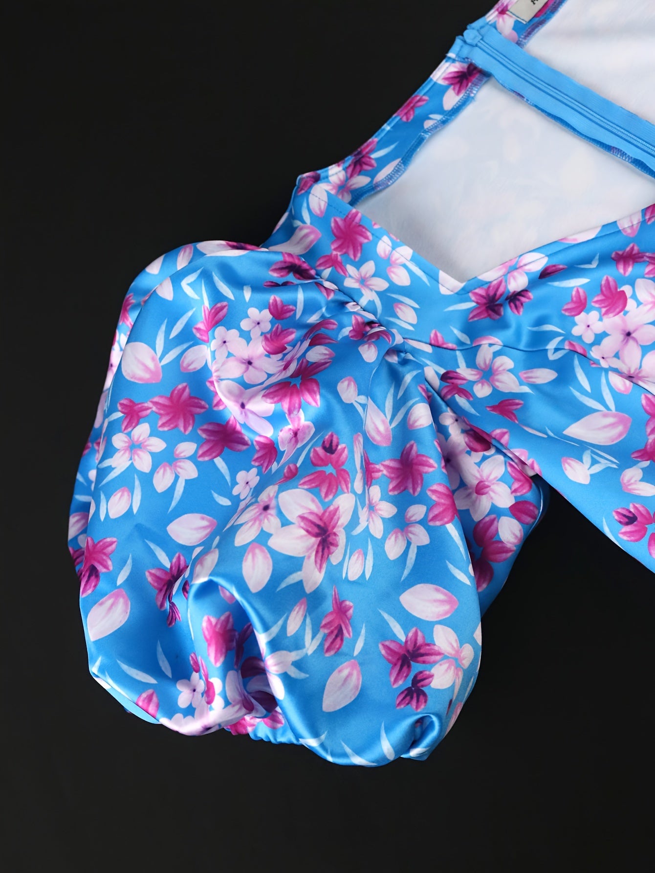 Women's Blue Floral Print Bodycon Dress with Puff Sleeves Square Neck