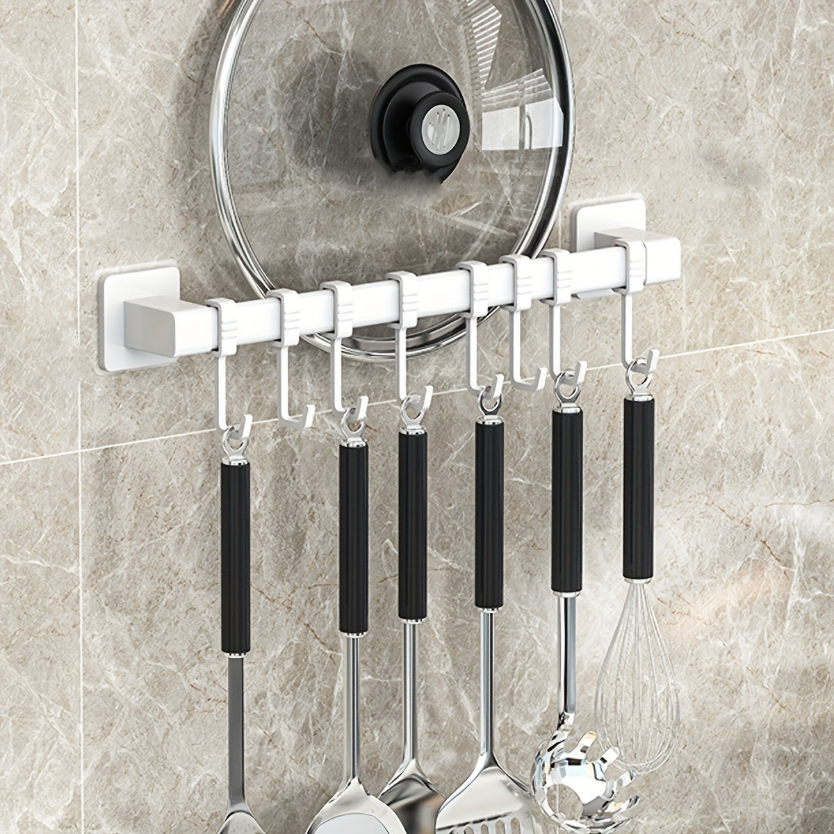 Contemporary Wall-Mounted Kitchen Utensil Holder with Movable Hooks and Organizer Shelf