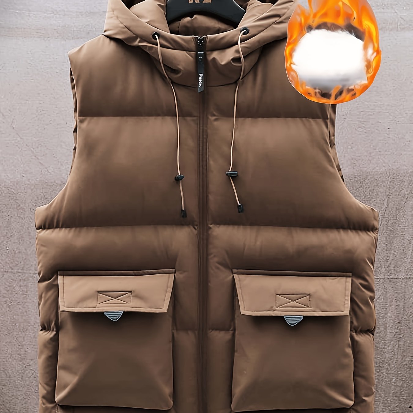 Men's Winter Hooded Vest with Fleece Lining, Multiple Pockets, Stand Collar