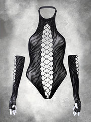 Women’s Hollow Jacquard Body Shaper Set with Hanging Neck and Gloves
