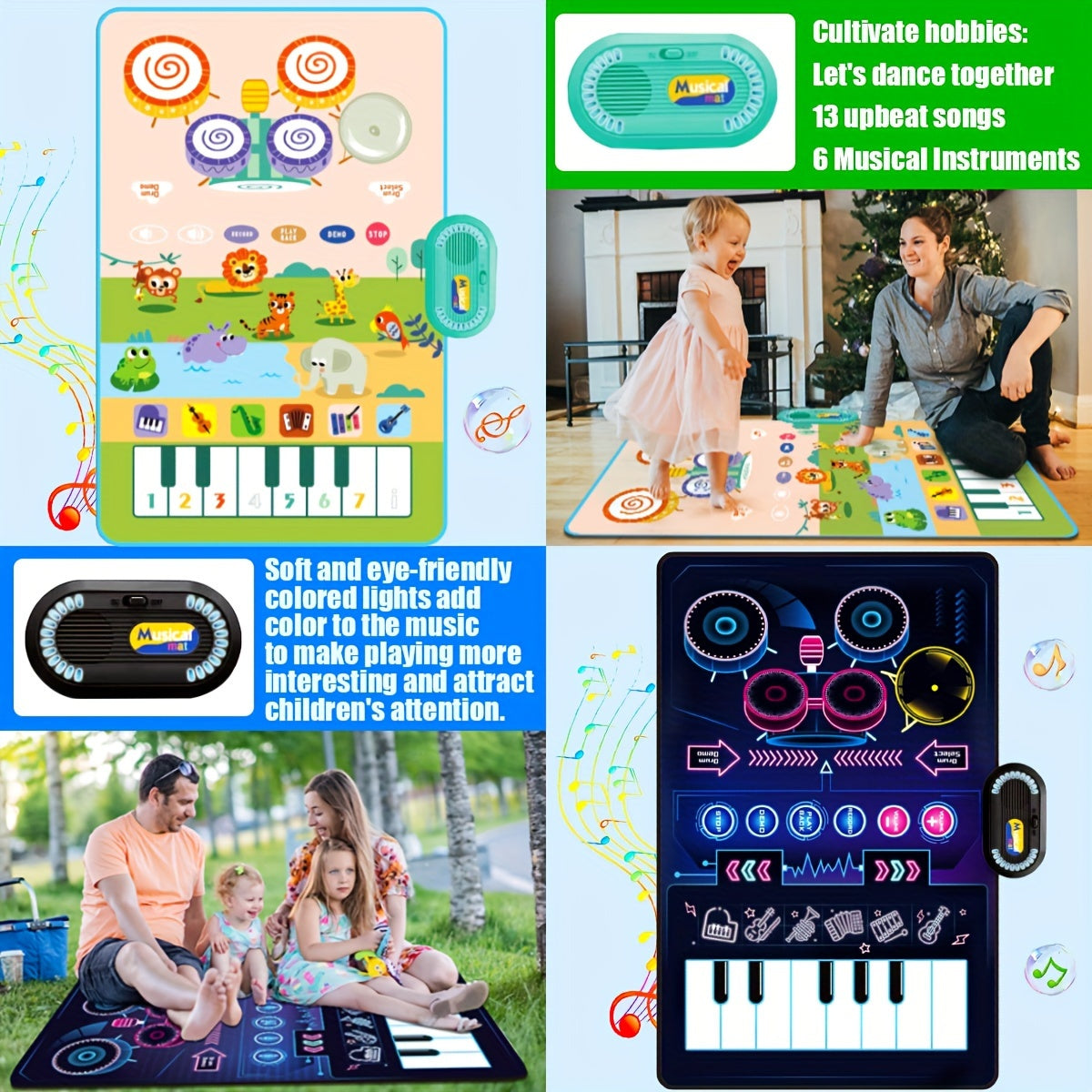 Alfombra de juego musical interactiva y set de batería para niños con sonido colorido e instrumentos duales