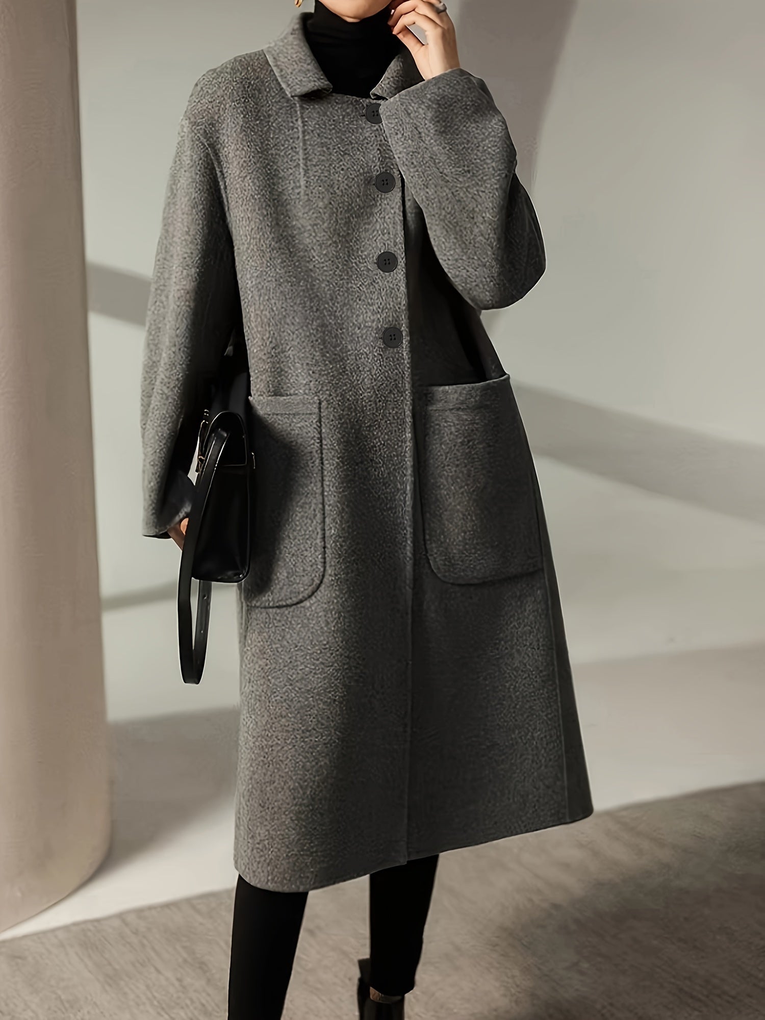 Women's Long Sleeve Solid Color Coat with Pockets Fall Winter Elegant H-Shape Polyester