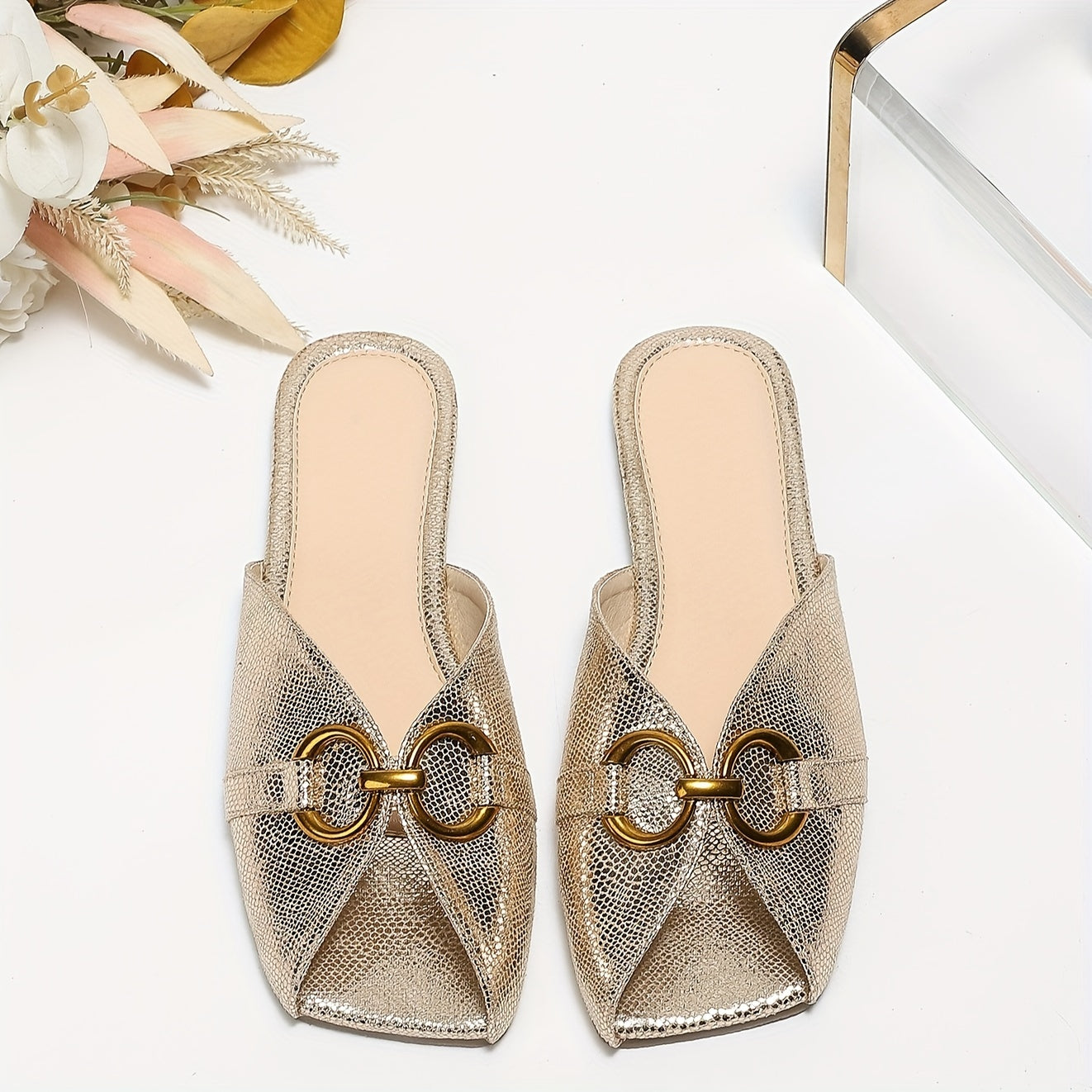 Women's Solid Color Lightweight Flat Metallic Buckle Slides for Summer Vacation