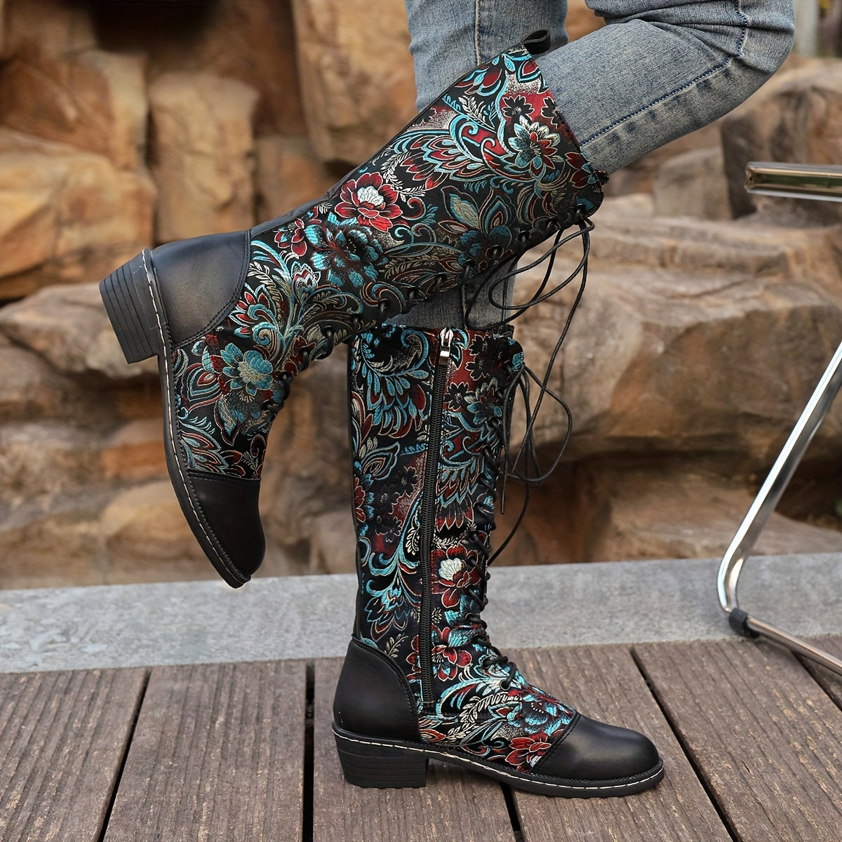 Women's Ethnic Style Lace-Up Mid-Calf Boots Colorful Patterns Casual Shoes