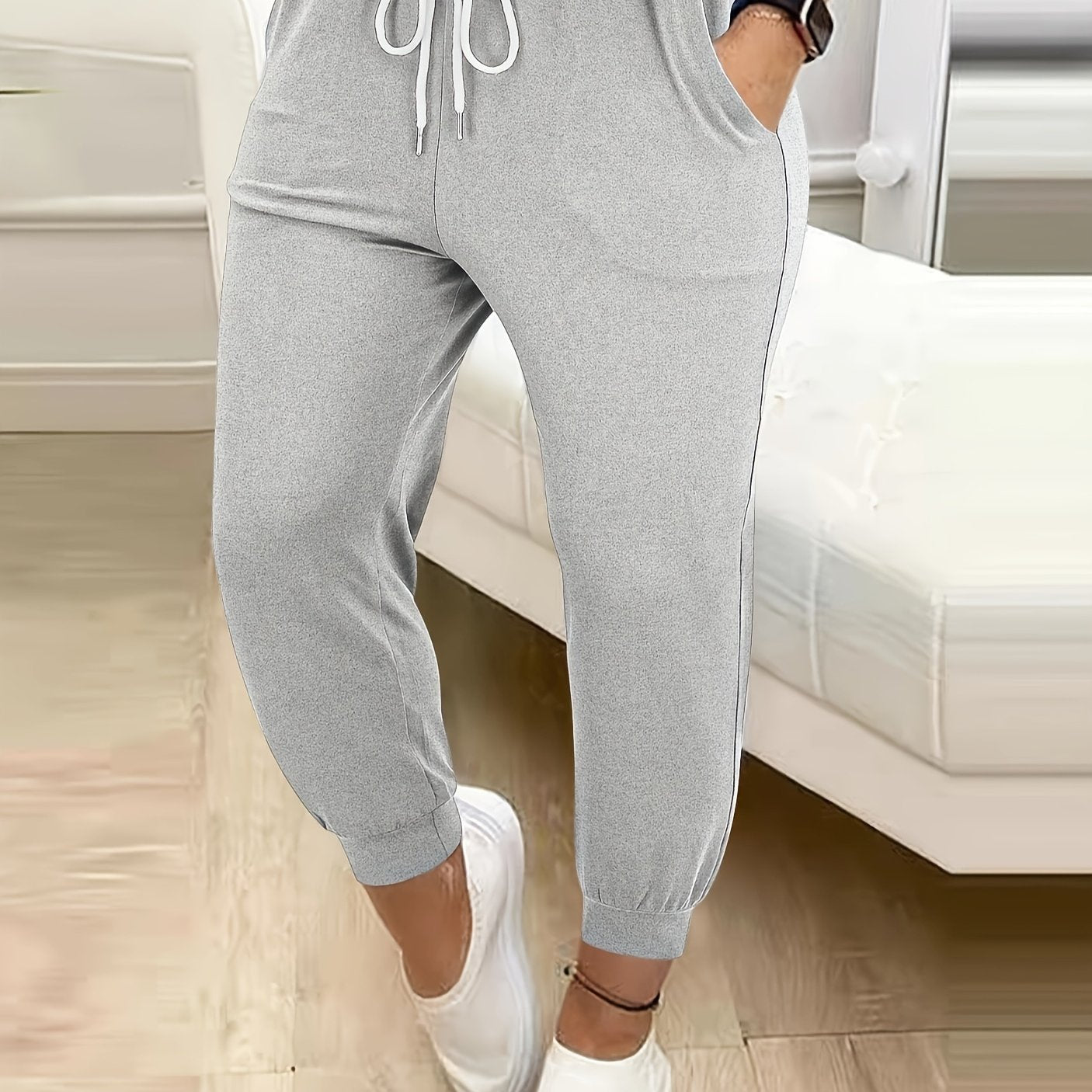 Plus Size Casual Solid Color Drawstring Waist Pants with Pockets for Women