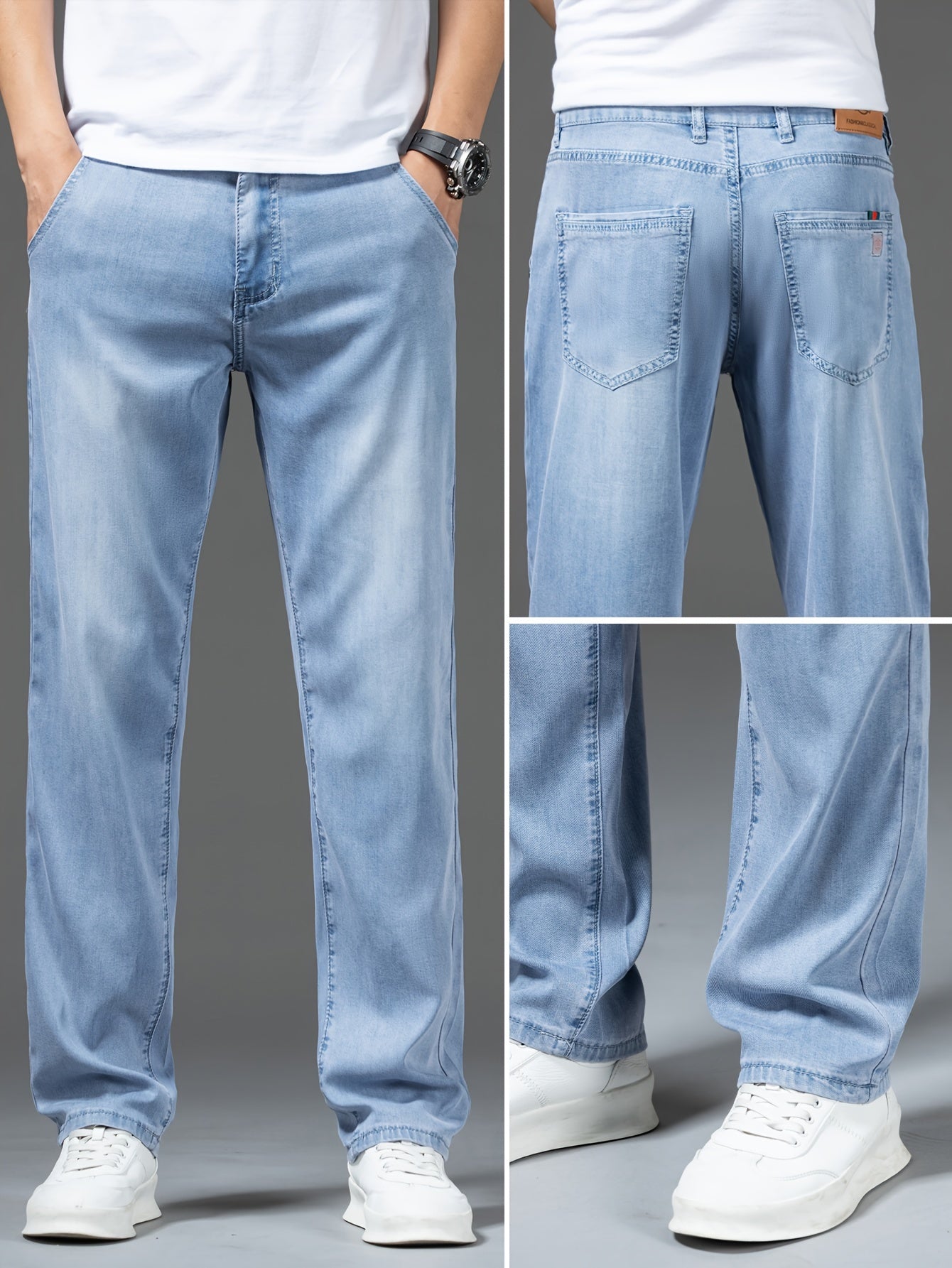 Men's Light Blue Straight Leg Denim Jeans with Lyocell Blend for Summer Casual
