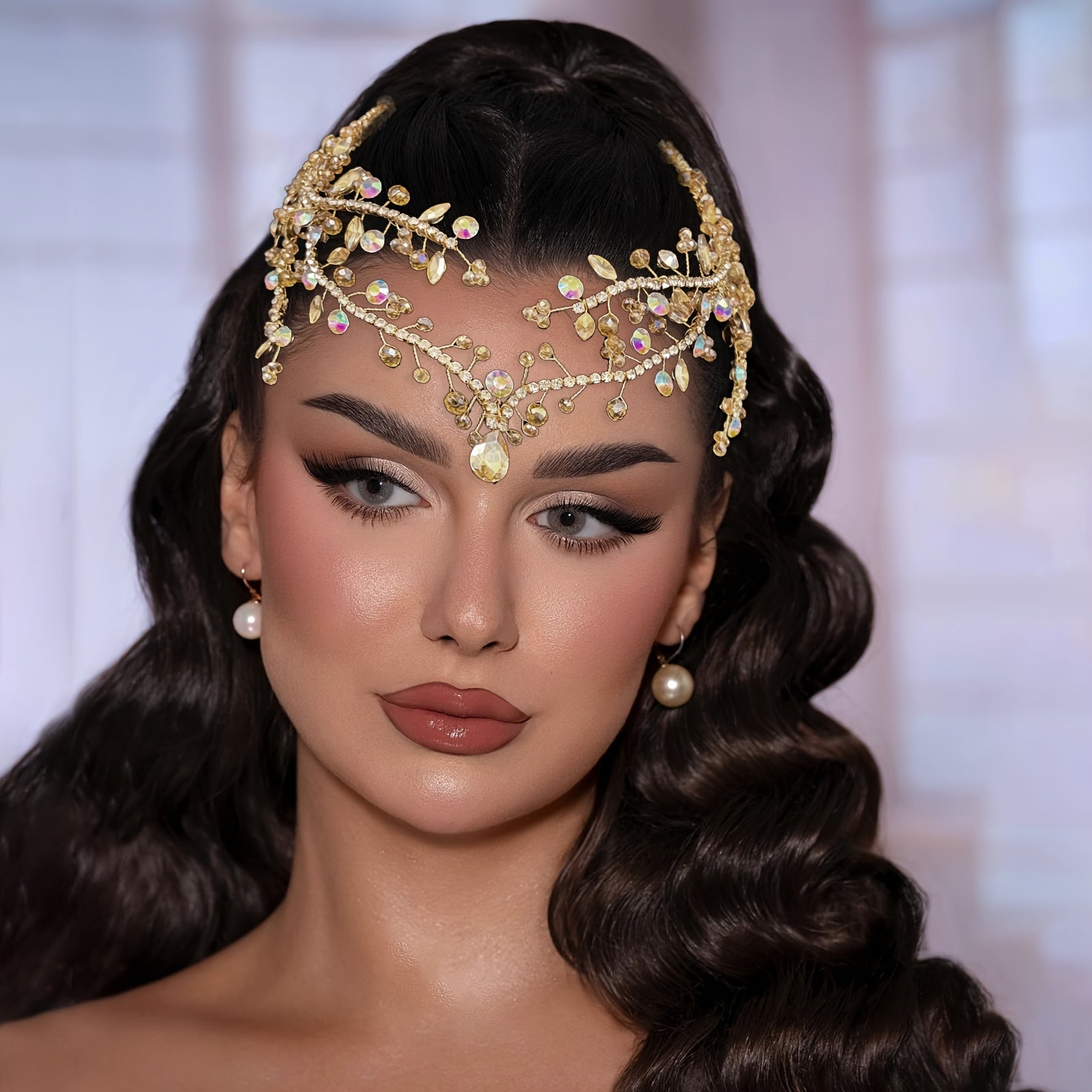 Bohemian Bridal Headpiece with Single Crystal Pendant Forehead Chain Jewelry for Weddings