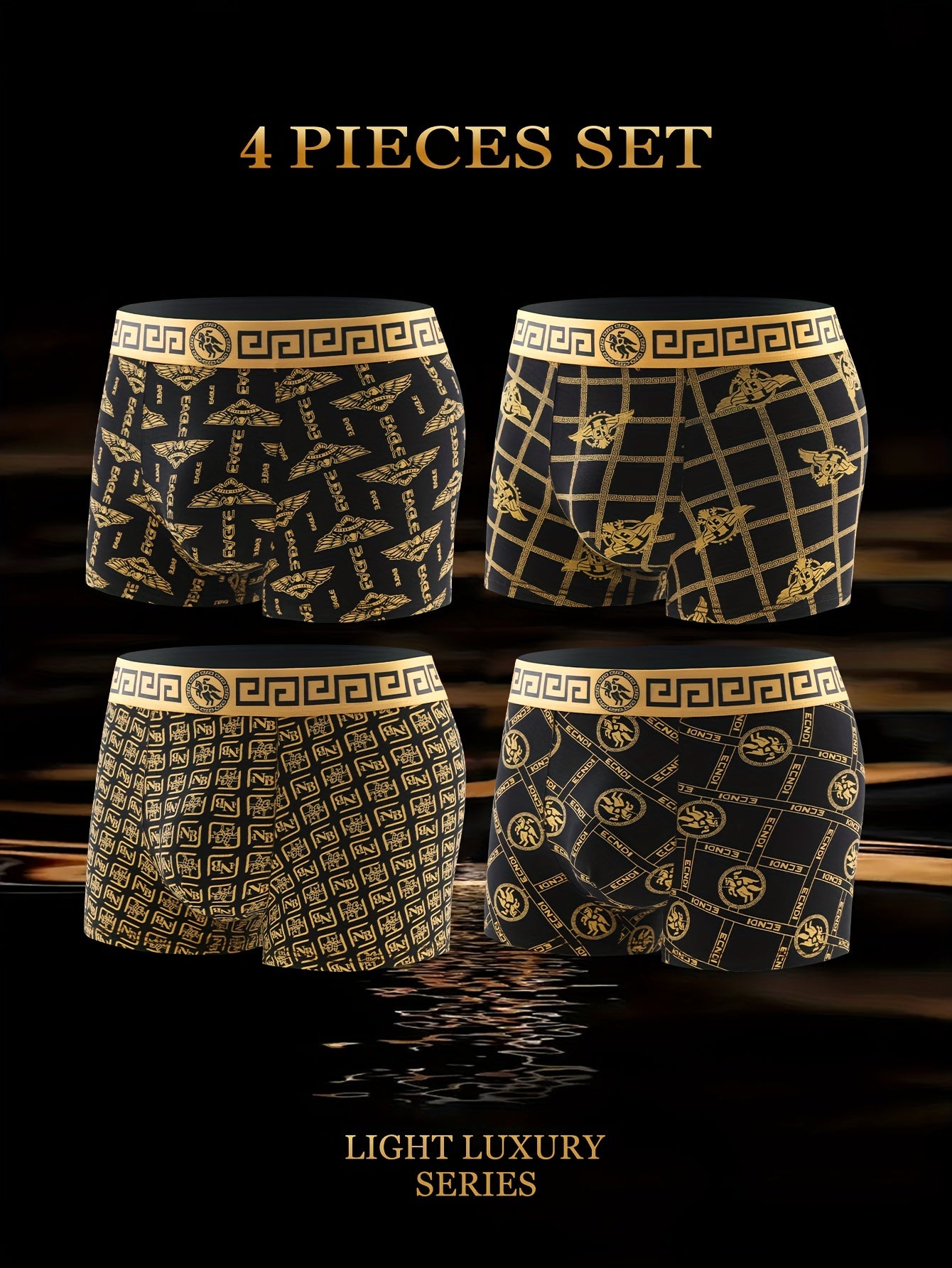 Men's Boxer Briefs Set of 4 Black and Gold Polyester Spandex Comfortable Non-Transparent