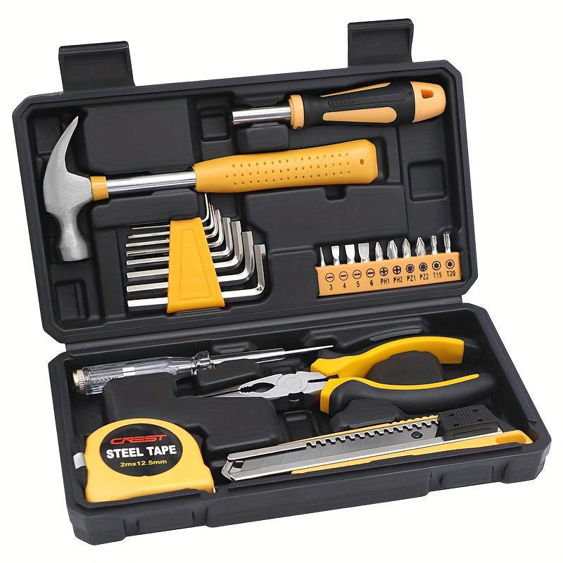 25/26 Piece Household Hand Tool Set with Yellow Plastic Toolbox for DIY and Home Repairs