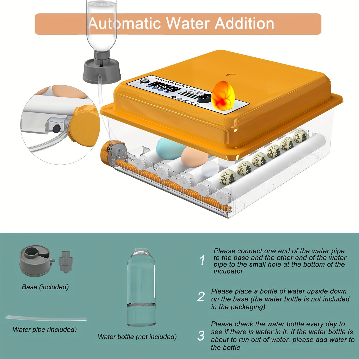 16-Egg Incubator Transparent Orange LED Automatic Water Filling for Duck Quail Goose Pigeon Eggs