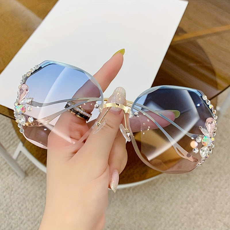 Women’s Frameless Gradient Lens Rhinestone Fashion Glasses with Bent Legs Buy One Get One Free