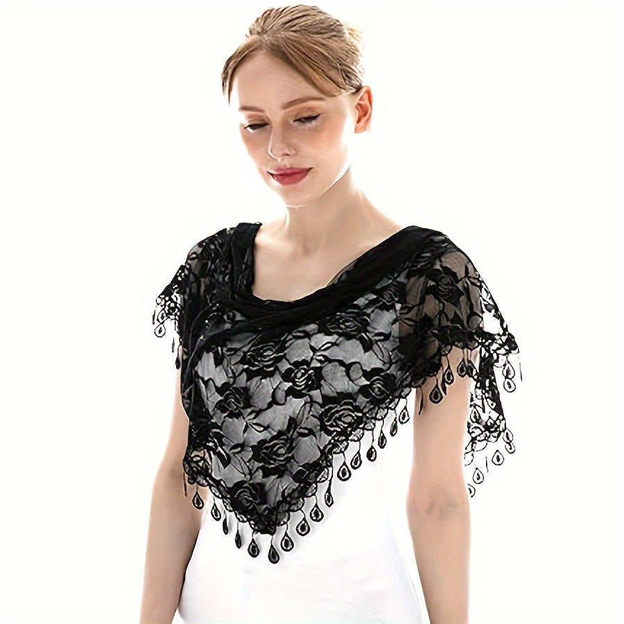 Women's Lace Shawl Triangular Mantilla Veil for Ceremonies with Tassel Accents
