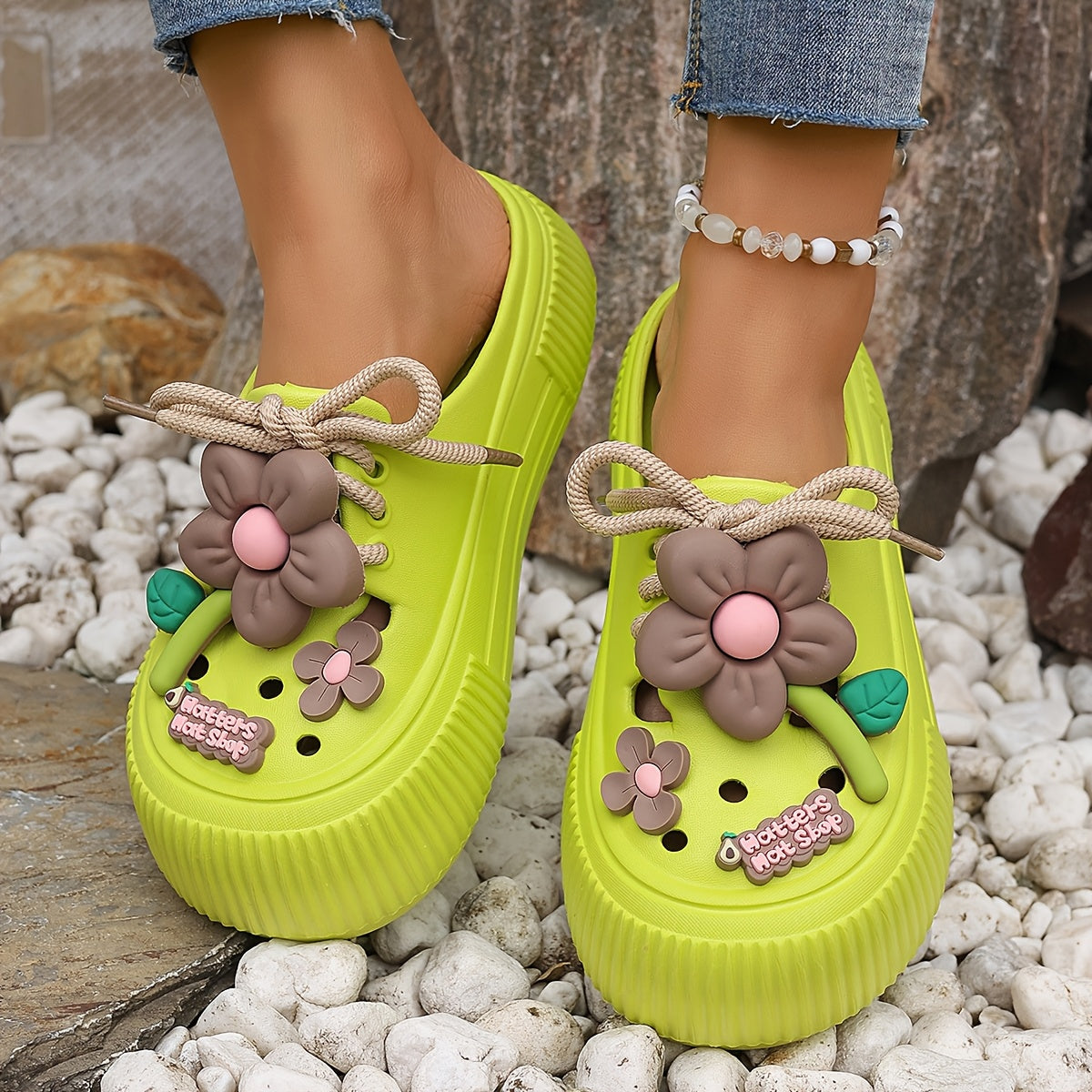 Women's Flower Decor Clogs, Casual Hollow Out Garden Shoes, Slip-On Beach Shoes