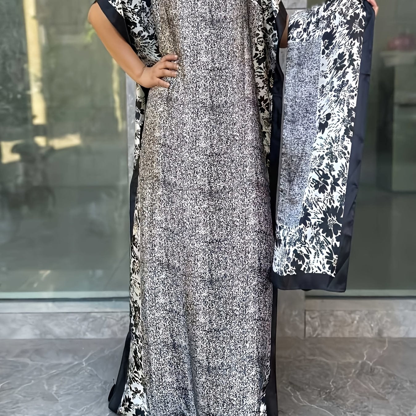 Платье макси для женщин больших размеров с цветочным геометрическим принтом и шарфом, длинные рукава, повседневное для всех сезонов