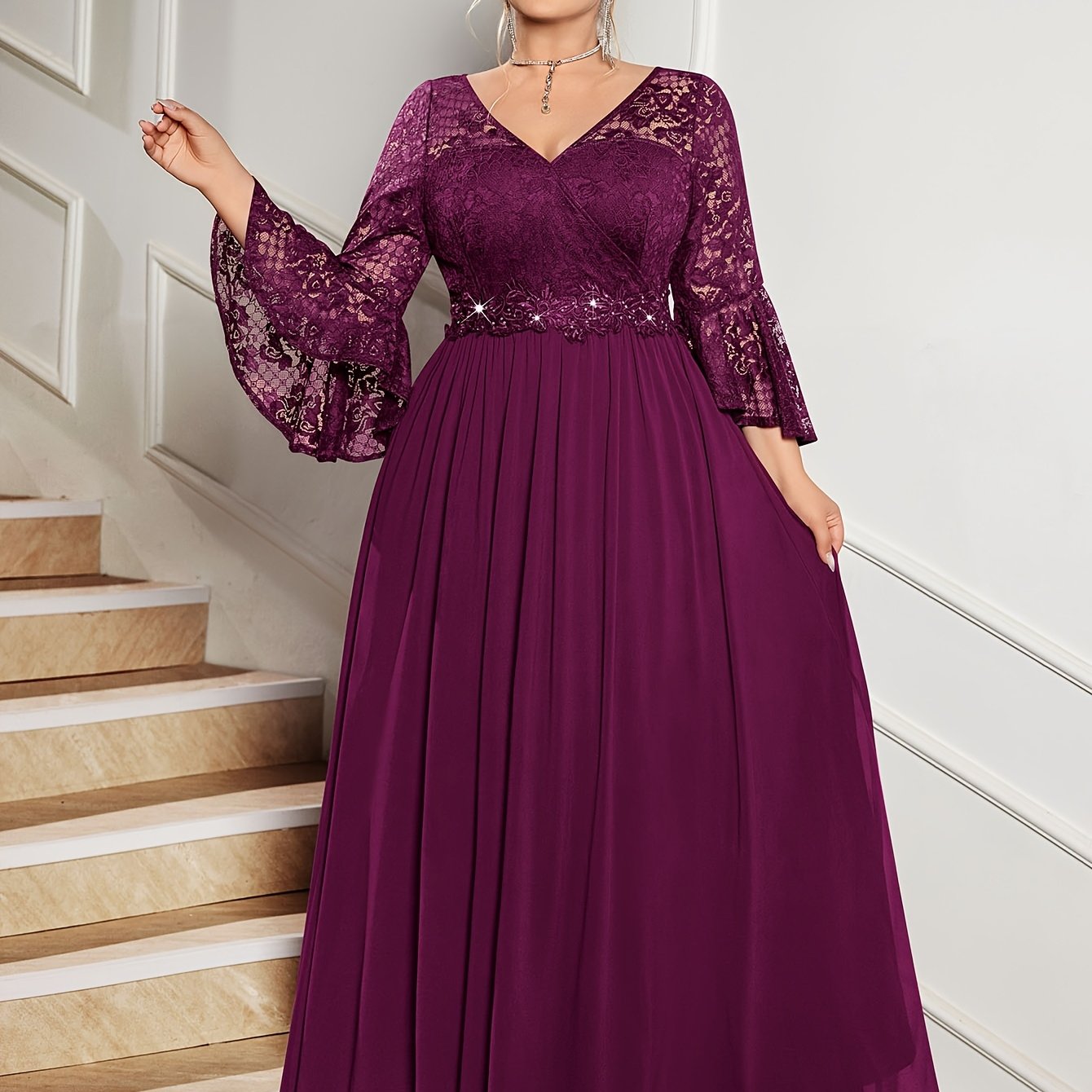 Plus Size Lace V-Neck Gown with Bell Sleeves and Pleated Skirt for Formal Events