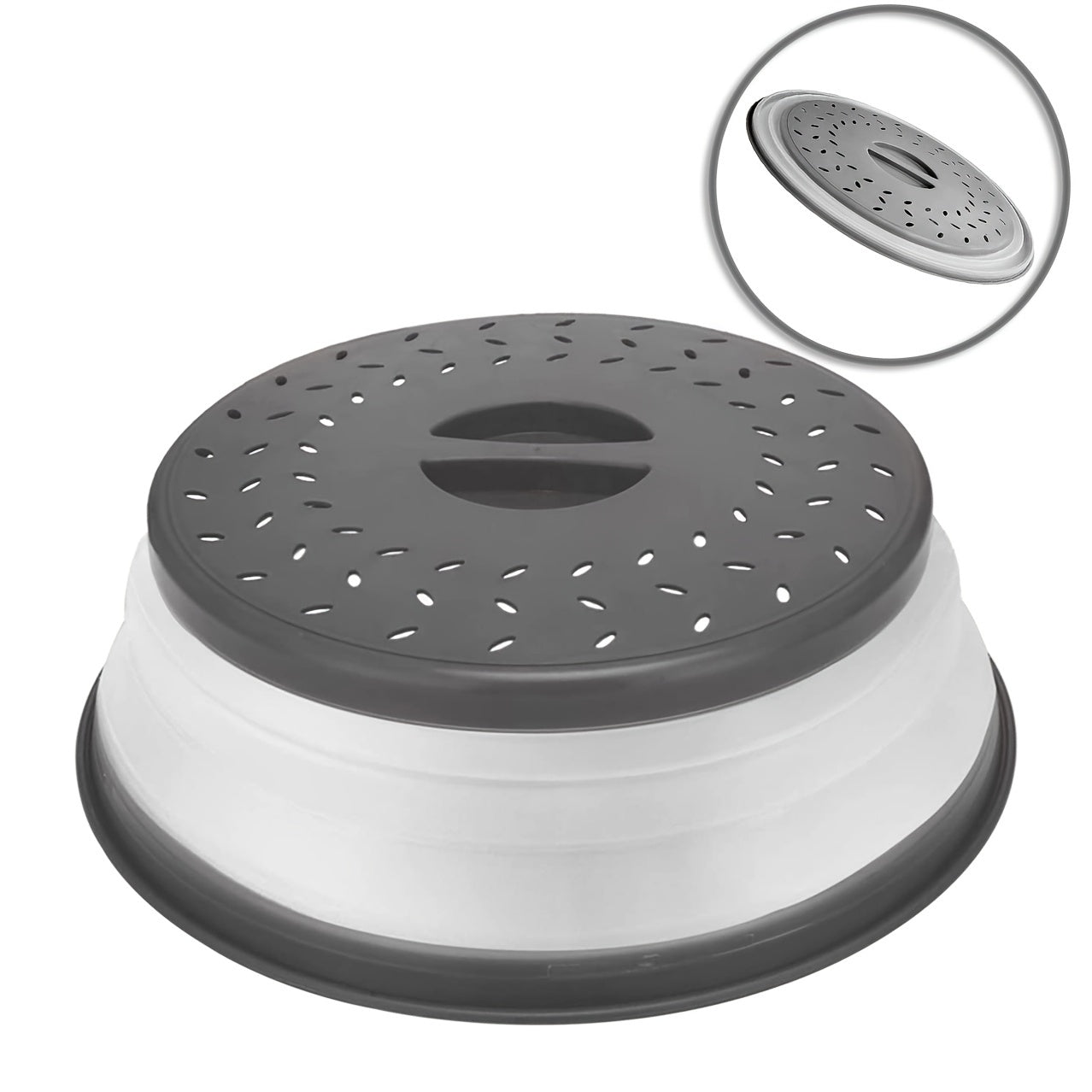 Kulrang BPA-free TPR mikroto'lqinli splatter himoyasi, tutqichi bilan - mevalar uchun bug' chiqish teshiklari va filtr bilan doira oziq-ovqat qopqog'i, 26.67 sm, zarur oshxona aksessuari