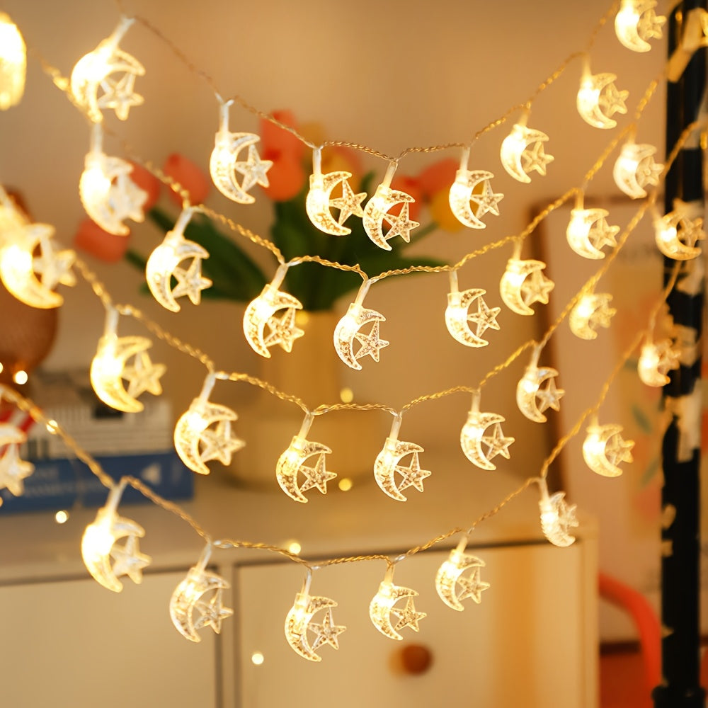 Battery Operated LED String Lights with Star and Moon Design for Indoor Decor Weddings Parties Ramadan Eid