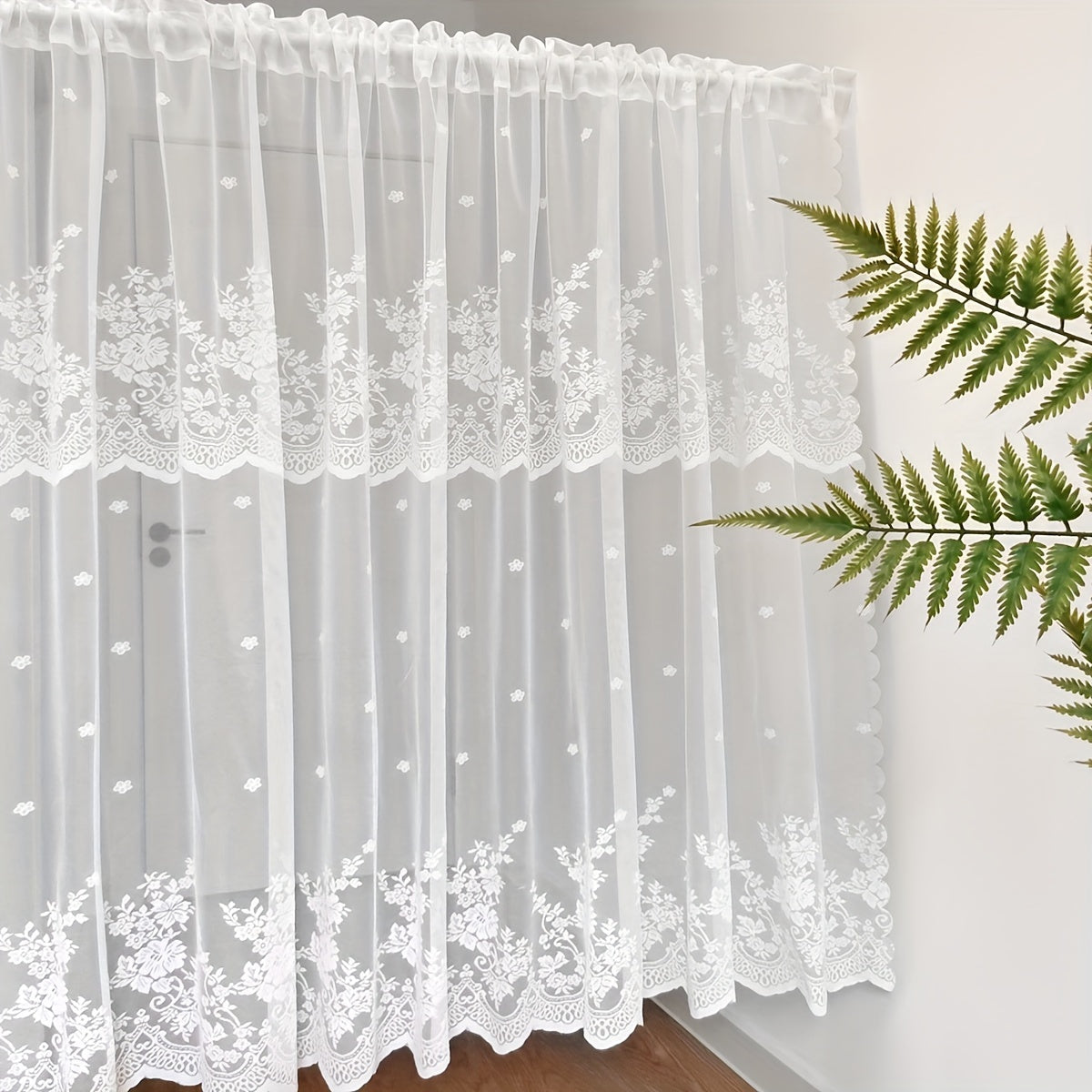 White Floral Lace Curtain with Rod Pocket for Living Room Bedroom Kitchen