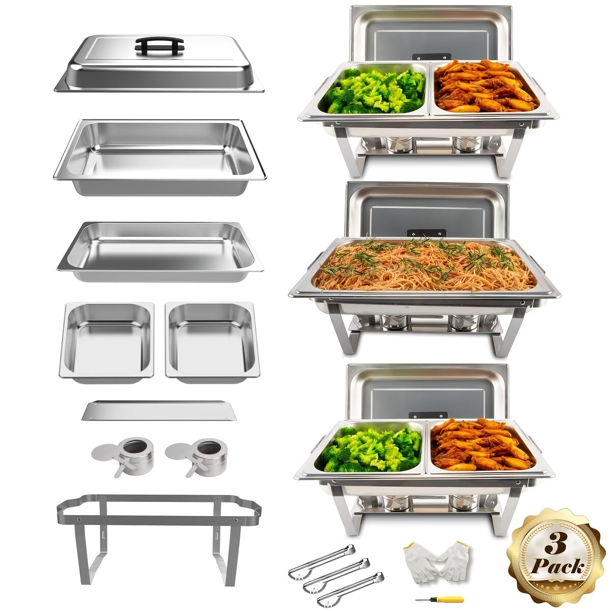 8QT Stainless Steel Chafing Dishes Set with Full and Half Pans for Catering and Events