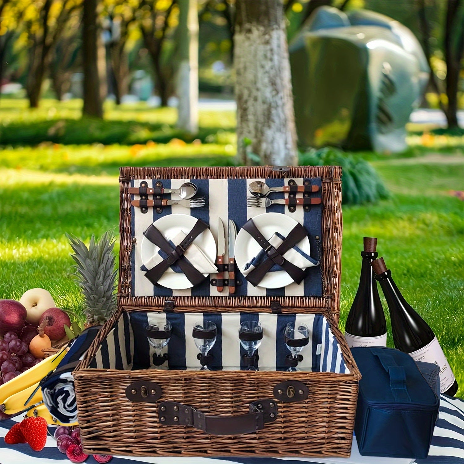 XL Willow Picnic Basket for Four with Service Set and Accessories