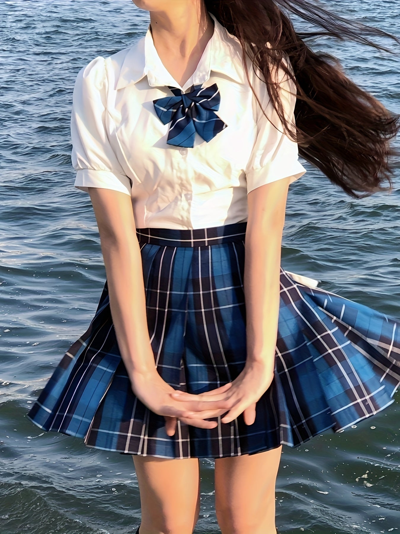 Solid Color Short Sleeve Button Front Blouse with Tie Back for Teen Summer