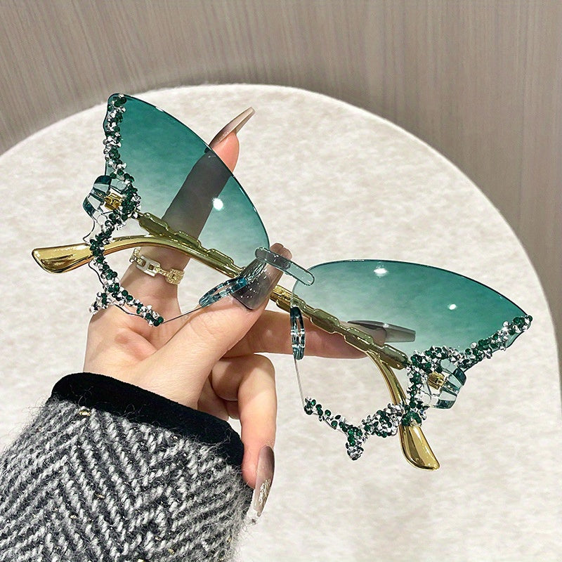 Women's Butterfly-Shaped Rimless Glasses with Rhinestone Accents and Polycarbonate Lenses
