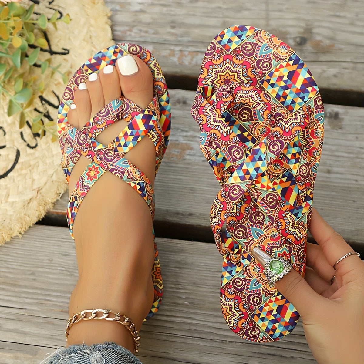 Women's Bohemian Floral Flat Sandals Open Toe Rubber Sole Summer Casual