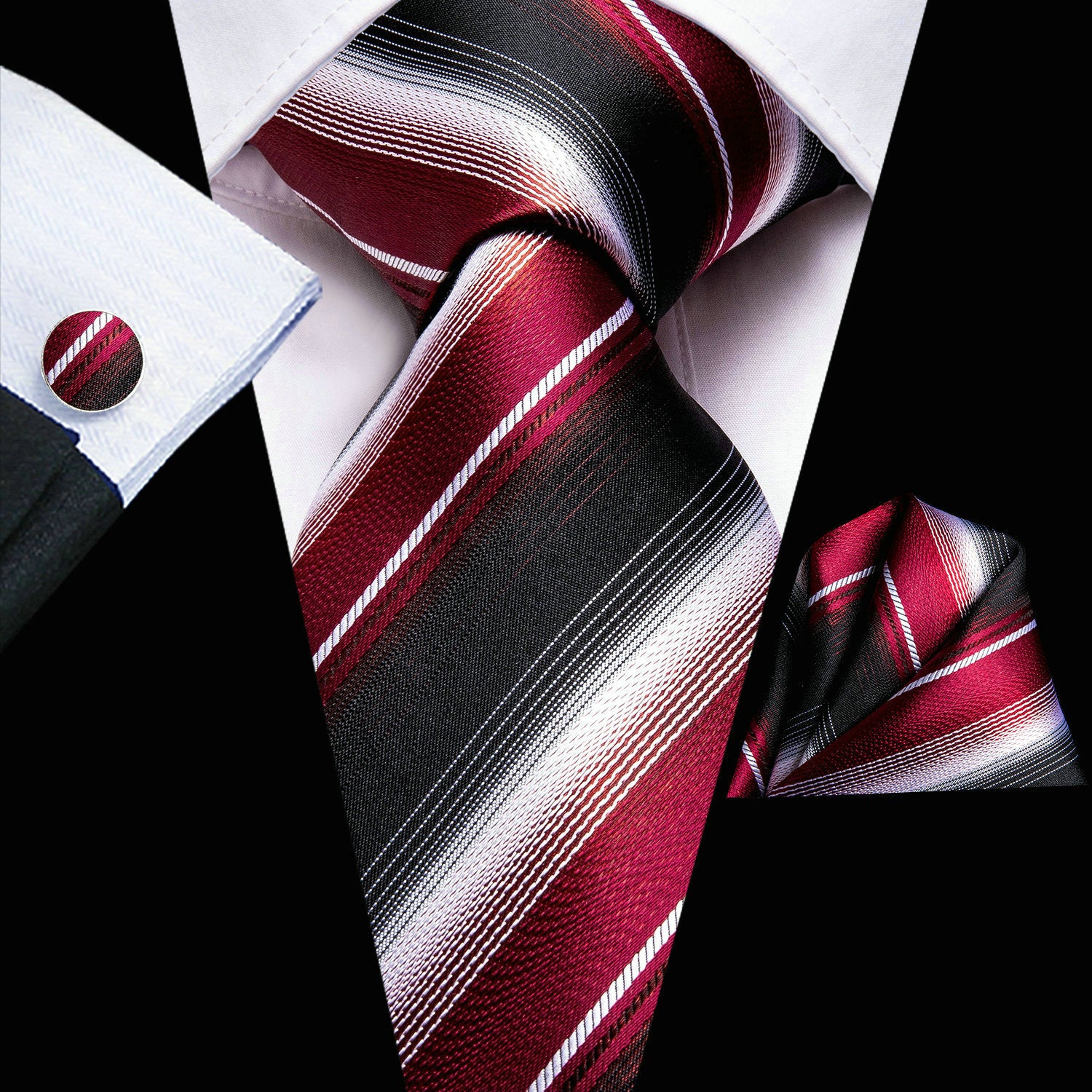 Men's Classic Striped Necktie Set with Cufflinks for Business and Party