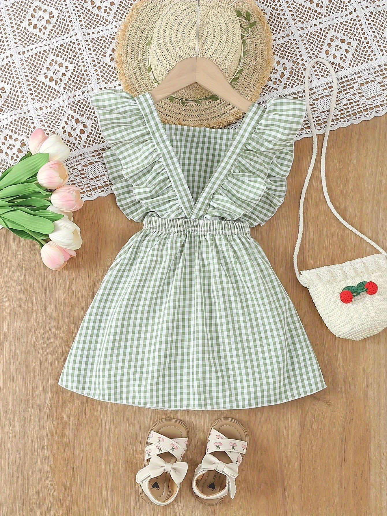 Kids' Summer Plaid Dress with Ruffle Sleeves for Children
