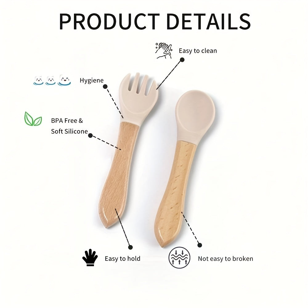 6-Piece Silicone Feeding Set with Divided Plate and Wooden Utensils for Self-Feeding