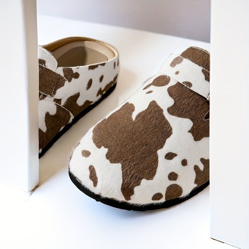 Women's Corduroy Mules with Cow Print Lightweight Casual Flat Shoes