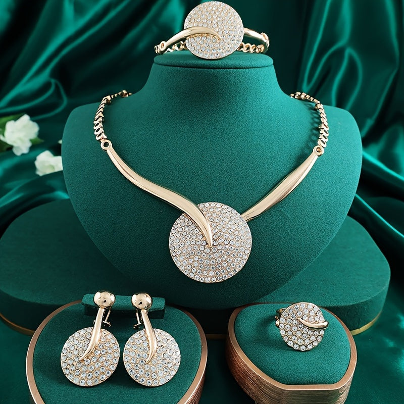 Gold-Plated Jewelry Set with Vibrant Crystals Necklace Bracelet Earrings Ring for Weddings and Gifts