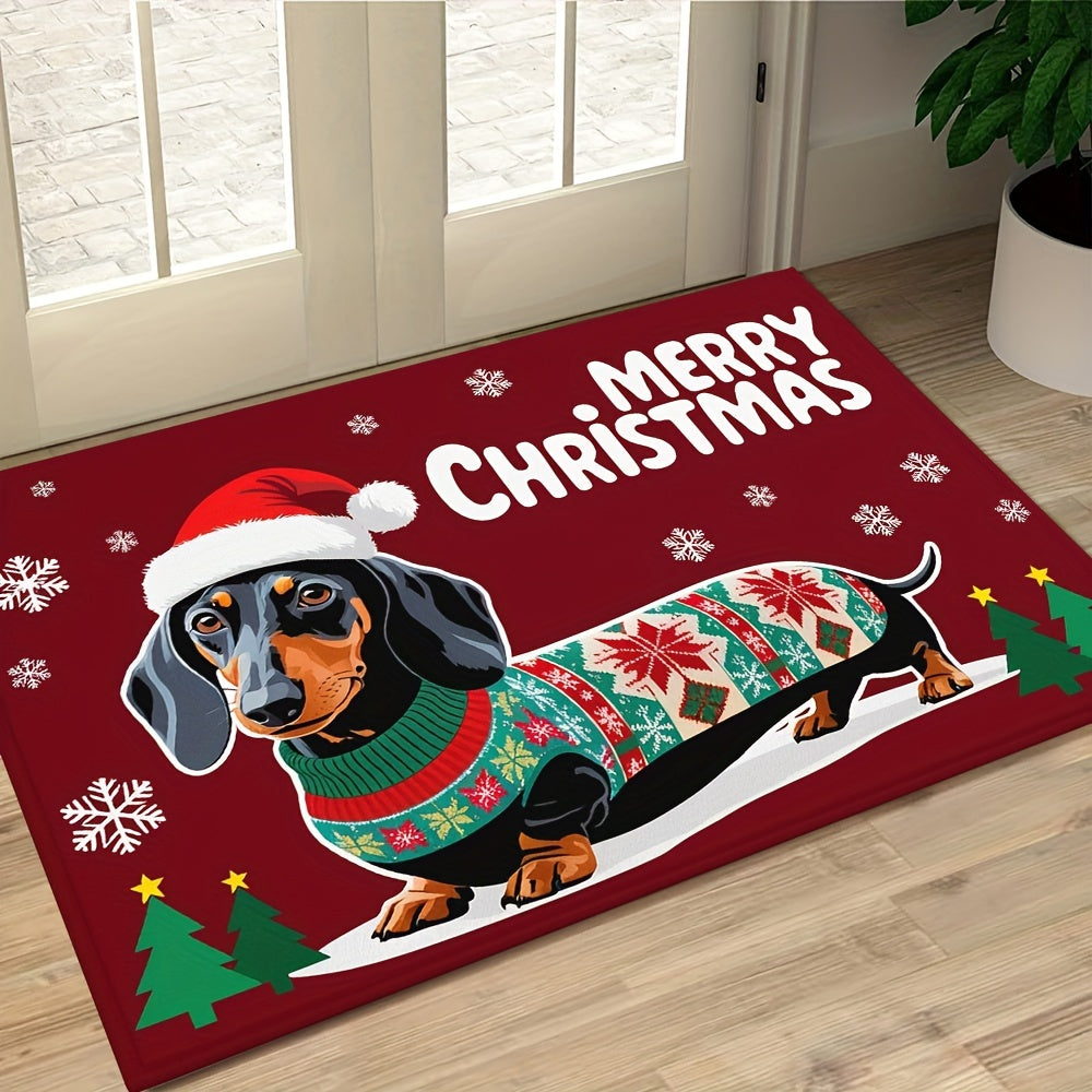 Christmas Dachshund Doormat Non-Slip Polyester Rug with Rubber Backing