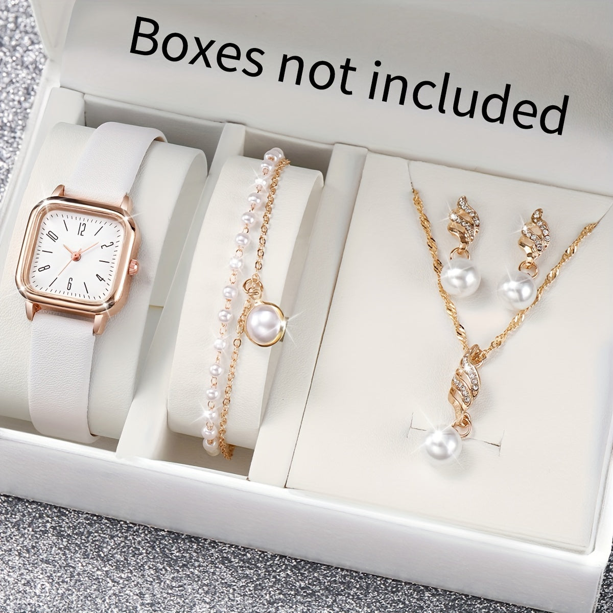 Women's Luxury Quartz Watch and Jewelry Set 5 Pieces Square Dial Pearl Accents Gift