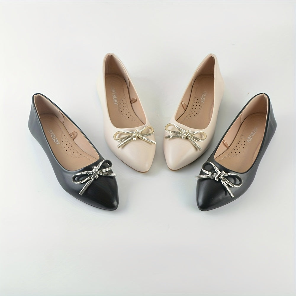Women's Pointed Toe Slip-On Flats with Bow Casual Work Shoes Black White